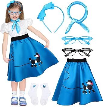 AOTHSO 6 Pieces 1950s Girls Poodle Skirt 50s Costume Accessory, Headband Glasses Scarf Socks Outfit Halloween Costume Kids 50s Costume, Poodle Skirt 50s, Sock Hop Outfits, Girls Poodle Skirt, Blue Hairband, 50s Costume, 1950s Girls, Socks Outfit, Teal Skirt