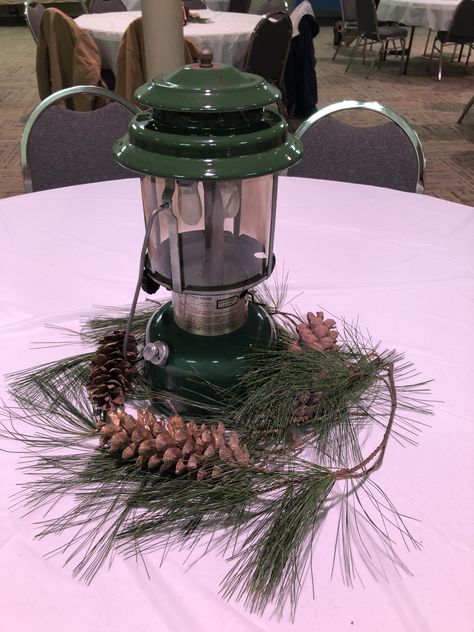 Eagle Scout Ceremony table decorations using vintage Coleman lanterns Ceremony Table Decorations, Eagle Ceremony Decorations, Eagle Scout Ceremony Candles, Scout Organization, Eagle Scout Centerpieces, Eagle Scout Ceremony Centerpieces, Eagle Scout Court Of Honor Party Ideas, Scout Wedding, Eagle Scout Decorations