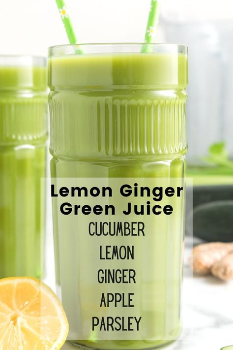 Are you looking for a green juice recipe that packs a punch? This recipe features lemon and ginger, which helps to boost your metabolism and give you an energizing boost. Add this healthy detox green juice to your juice cleanse recipe line-up! Detox Green Juice, Juice Pulp Recipes, Vegetable Juice Recipes, Green Juice Smoothie, Green Juice Recipe, Easy Juice Recipes, Healthy Juicer Recipes, Juice Cleanse Recipes, Green Juice Recipes