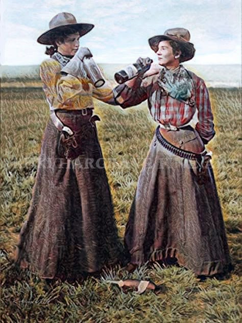 Two Cowgirls from the 1920's are seen in working Rodeo attire while taking a break and having some fun with a drinking contest. A finished bottle is seen on the ground. While their urban counterparts were restricted to more straight-laced female roles in the late 1800's and early 1900's, women of the American Frontier were roping and riding broncs-- and partaking of adult beverages! This beautiful print is from a mixed-media painting by artist Kuki Hargrave, and is based upon an old photograph of actual Cowgirls in the 1920's.  Subtle colors and old-school rendering capture the back-in-time appeal of these dauntless Women of the West! Title: "On Your Mark..."  Signed and studio stamped by the artist. The handsome photographic print is on premium Epson quality 68 # acid free photo paper, re 1800 Western Outfits Women, 1800s Wild West Fashion, Western Outfits Women Vintage, Rancher Outfits, Old Western Outfits, Western Apocalypse, Old Western Outfits Women, Cowgirl Oc, Old West Fashion