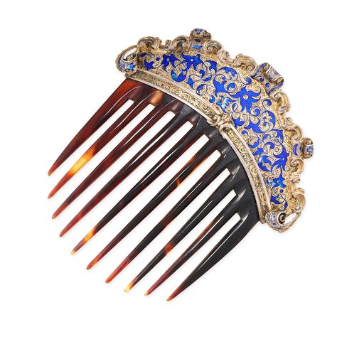 AN ANTIQUE ENAMEL TORTOISESHELL HAIR COMB  Surmount decorated with scrolling design and blue ena Victorian Formal Enamel Jewelry, Enamel Jewelry Victorian, Tortoiseshell Hair, Ornate Hair Pin, Sapphire Hair Comb, Art Deco Hair Combs, Antique Hair Combs, Tortoise Shell Hair, Art Deco Hair