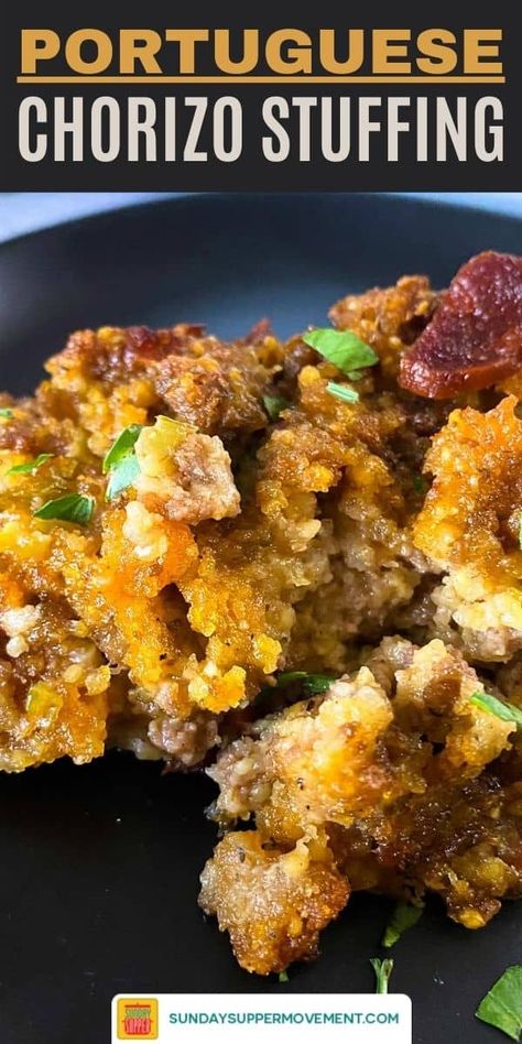 Portuguese Cornbread Recipe, Portuguese Stuffing, Portuguese Turkey Recipe, Portuguese Seasoning, Portugese Recipe, Spanish Stuffing For Turkey, Portuguese Stuffing Recipes, Easy Portuguese Recipes, Chorizo Stuffing