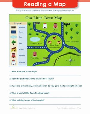 Help your child practice reading a map and using the cardinal directions. See if she can interpret the different parts of a map. Reading Practice Worksheets, Social Studies Maps, Teaching Maps, Map Skills Worksheets, 3rd Grade Social Studies, Geography Worksheets, Kindergarten Social Studies, Map Worksheets, Teaching Geography