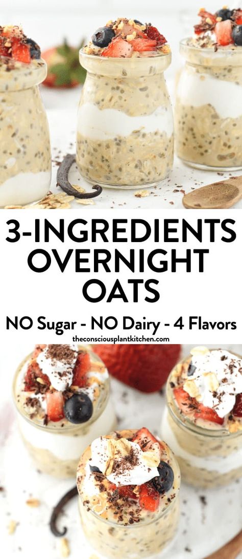 The most easy 3-ingredients Overnight Oats recipe for an healthy breakfast everyday of the week. Plus, this recipe provide 6 delicious flavors option to make everyday breakfast tasty and nourishing. Overnight Oats Pudding Powder, Vanilla Protein Overnight Oats, Overnight Oats Vanilla, Gluten Free Overnight Oats, Basic Overnight Oats Recipe, Healthy Protein Breakfast, Vanilla Overnight Oats, Everyday Breakfast, Overnight Oats In A Jar