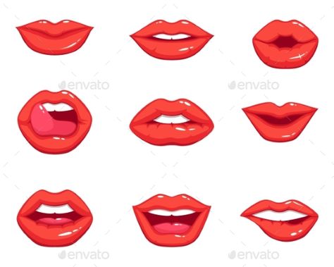 Different shapes of female sexy red lips. Vector illustrations in cartoon style. Sexy lips makeup, kiss mouth Lips Vector, Lips Cartoon, Lips Illustration, Lips Painting, Cartoon Makeup, Female Lips, Lip Logo, Makeup Illustration, Lip Wallpaper