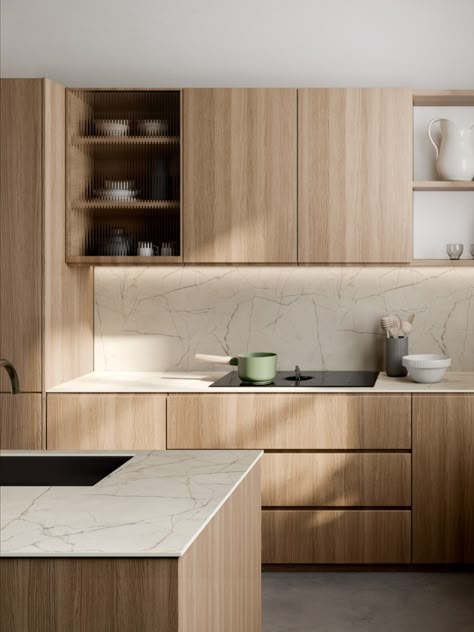 Residential kitchen with light wooden cabinets and marble worktops Marble Kitchen Splashback, Magnet Ascoli Kitchen, Kitchen Work Tops, Kitchen Mocca Colour, Kitchen Walnut Worktop, Cosy Kitchen Ideas, Marbled Cappuccino Formica, Panelled Kitchen, Cashmere Kitchen Wood Worktop