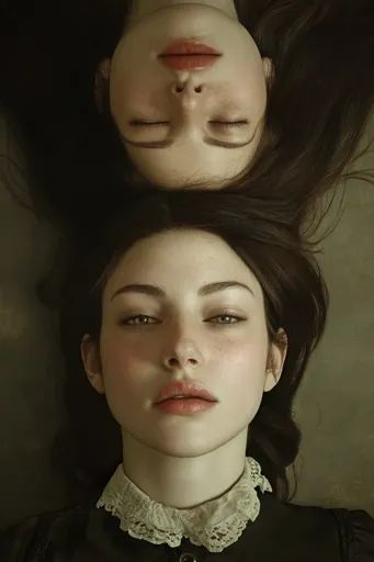 ↑↑↑ Larger size on website 🔸 The image shows two young women, one lying upside down and the other lying face up, both with their White Lace Collar, Long Dark Hair, Eyes Closed, Lace Collar, Dark Background, Muted Colors, Upside Down, Dark Backgrounds, Dark Hair