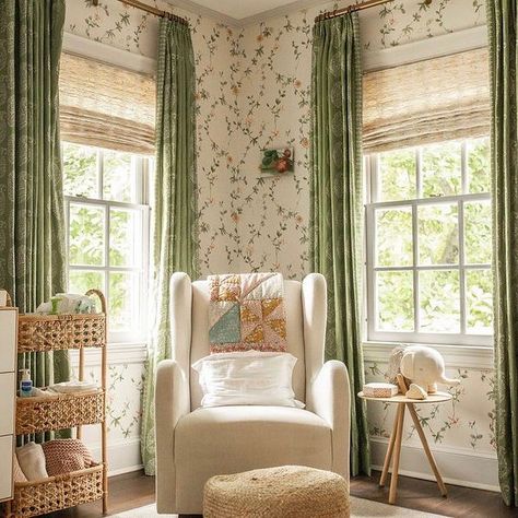 Peter Dunham Textiles on Instagram: “Sweet + chic nursery of @shopwillkies by @storyststudio with our Kashmir Paisley for curtains! Green just may be our new favorite for a…” Daybed In Nursery, Nursery With Daybed, Sleeping Beauty Nursery, Nursery Stories, Curtains Green, Peter Dunham, Rattan Daybed, Parisian Theme, Chic Nursery