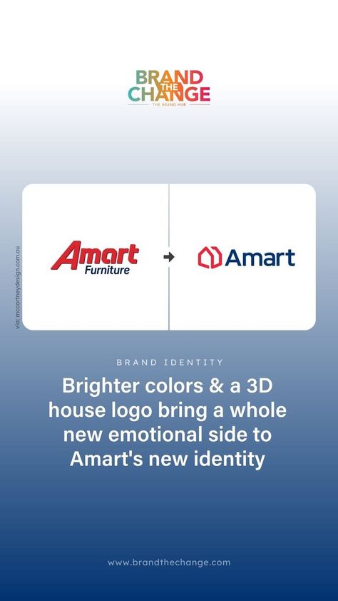 Brighter colors and a three-dimensional house logo bring a whole new emotional side to Amart's new identity Agency: McCartney Design #brandthechange #branding #brandstrategy #rebranding #rebrand #business #brand #design #logo #visualidentity #brandidentity #Amart #AmartFurniture House Logo, New Identity, Home Logo, Brand Strategy, Brand Design, Bright Color, Visual Identity, Design Logo, Three Dimensional