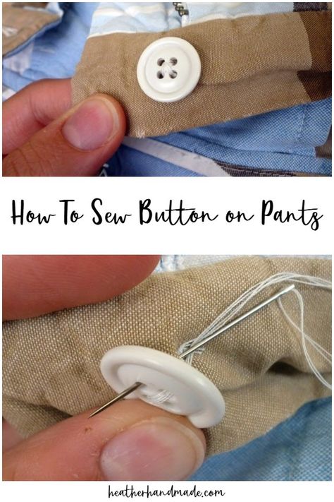 Learn how to sew a button on pants after it’s fallen off or when you are sewing a pair of pants. This is an easy, quick, and strong way to sew on a button. There might be lots of tutorials on the internet for sewing on buttons, but I thought I’d share how I do it. I’ve been taught multiple ways to sew on a button, and this one is the best. It’s great when a button falls off a shirt or a pair of pants. It’s also really easy, and you only need a hand needle, thread, and a button. Sew Button On Pants, Sewing Buttons Tutorial, Button Sewing Technique, How To Sew A Button On Pants, How To Sew A Button, Fix A Zipper On Jeans, Refashion Clothes Tutorial, Sew On A Button, Sew Button