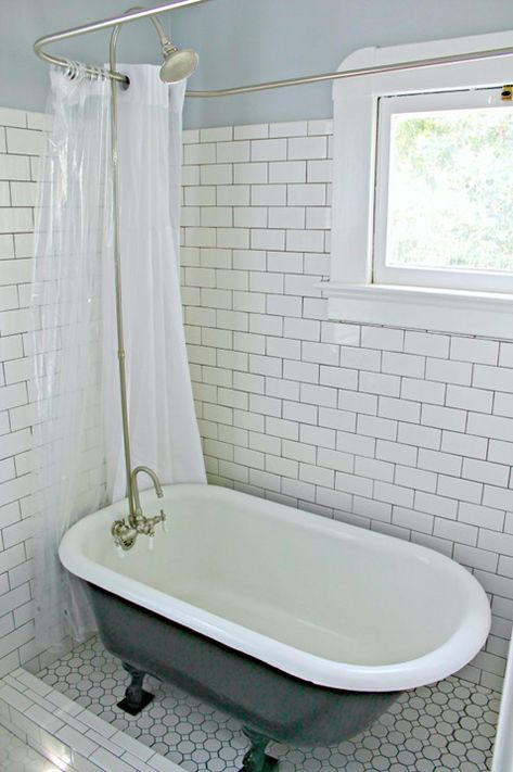 restored bathroom Restored Bathroom, Clawfoot Shower Curtain, Small Bathroom With Clawfoot Tub, Clawfoot Tub Shower Combo, Clawfoot Tub Shower Curtain, Bathroom With Clawfoot Tub, Color Bathtub, Clawfoot Tub Bathroom, Clawfoot Tub Shower