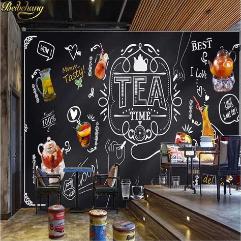 Beibehang Custom wallpaper European and American style retro hand painted blackboard coffee catering background 3d wallpaper - AliExpress Cafe Mural, Tea Wallpaper, 3d Living Room, Tea Restaurant, Painting Mural, Living Room Murals, Bar Catering, Wallpaper For Walls, Wallpaper Landscape