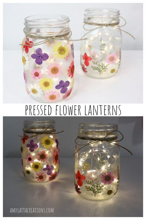 Pressed Flower Lanterns - Amy Latta Creations Pressed Flower Jars, Pressed Flowers Crafts, Pressed Flower Lanterns, Dried Flower Projects, Glass Jar Ideas, Crafternoon Tea, Coloured Fairy Lights, Pressed Flower Candles, Crafternoon Ideas