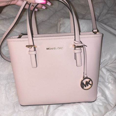 Light Pink Mk Purse With Gold Hardware, Adjustable And Detachable Strap Never Used Still Have The Box Mk Bag Aesthetic, Baddie Purses, Pink Michael Kors Purse, Feminine Pink Michael Kors Bag, Modern Pink Michael Kors Bag, Pink Michael Kors Bag, Studded Leather Bag, Michael Kors Pink Bag For On-the-go, Everyday Bag Essentials