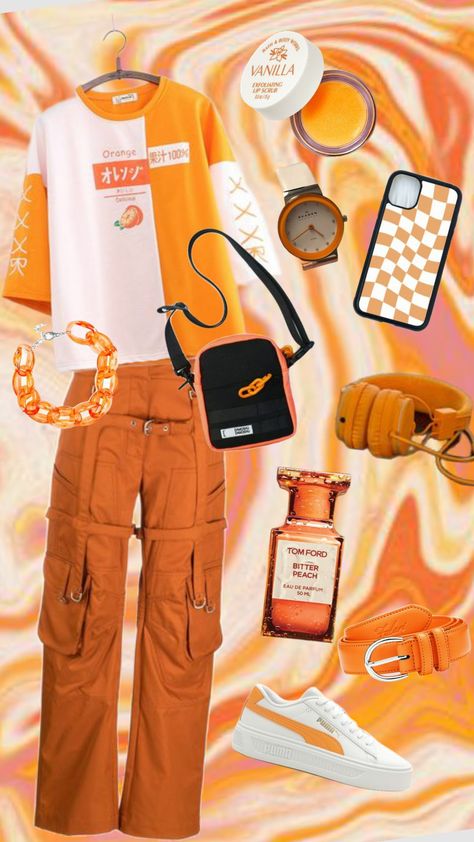 #orange #orangeaesthetic #outfit #orangemoodboard #outfitcheck #style #inspo #monochrome #orangecollage Orange Theme Outfit, Orange Outfit Ideas Casual, Orange And White Outfits, Orange Clothes, Orange Clothing, Waddle Dee, Orange Fits, Orange Soda, Orange Outfit