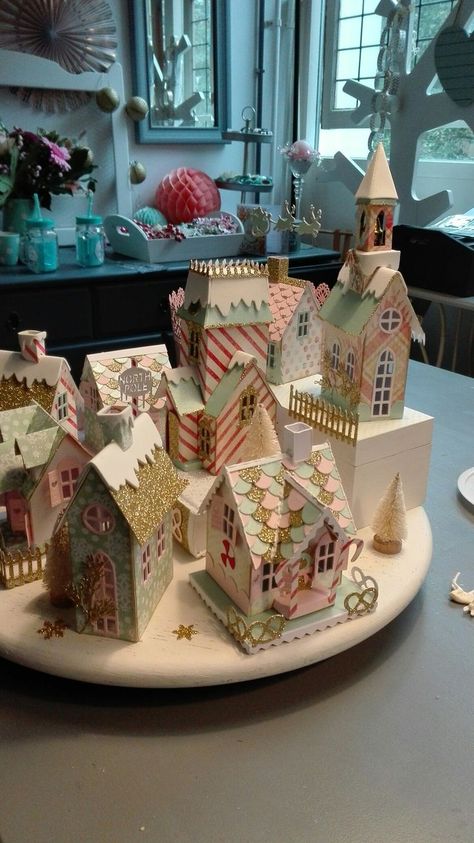 Diy Christmas Village, Christmas Village Houses, Christmas Tablescape, Glitter Houses, Cardboard House, Putz Houses, Navidad Diy, Small Houses, Christmas Villages