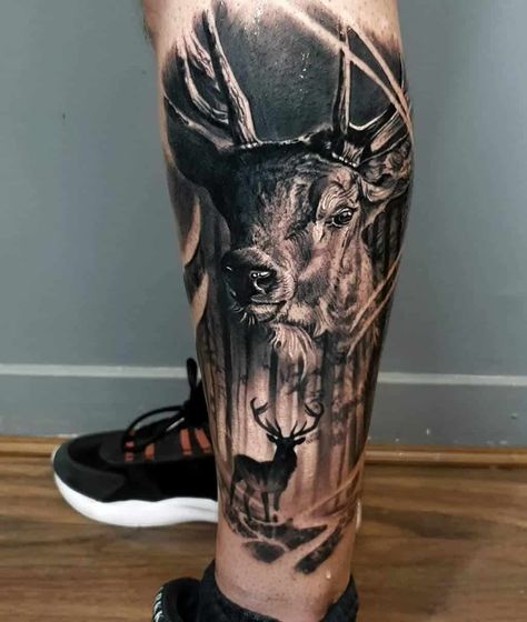 Deer Skull Sleeve Tattoo, Stag Tattoo Men, Deer Tattoo Men, Deer Hunting Tattoos, Cool Animal Tattoos, Natur Tattoo Arm, Unique Tattoos Black Women, Deer Tattoo Designs, Animal Tattoos For Men