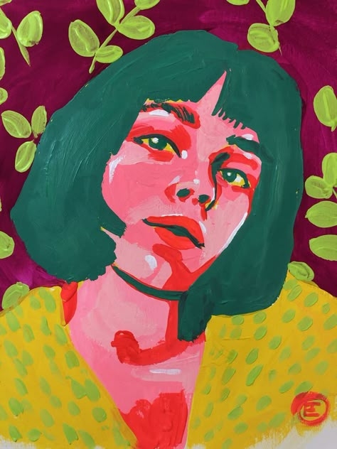 Complementary Color Portrait, Types Of Portraits Art, Group Portrait Painting, Colorful Gouache Painting, Colourful Portraits Painting, Creative Self Portrait Painting, Gouache Painting Portrait, Gouache Face, Colourful Portraits