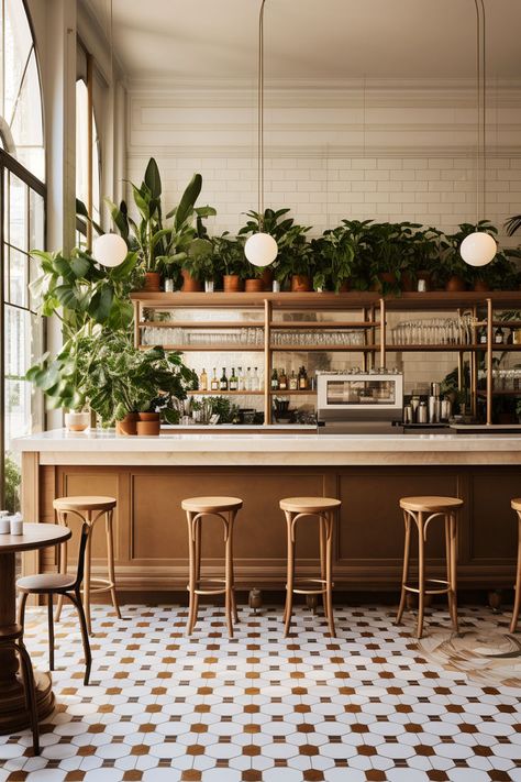 A charming corner of a cafe with hanging vines and potted plants European Cafe, Bookstore Cafe, Cozy Coffee Shop, News Cafe, Cozy Cafe, Coffee Shop Design, Coffee Corner, Bakery Cafe, Restaurant Interior Design