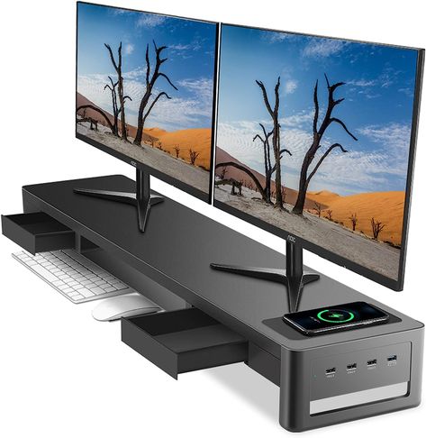 The only dual monitor stand with drawer,USB extension and Charging Pad on the current market, which greatly improves your convenience and comfort in daily life and office.Made of high quality metal material, this dual monitor stand riser ​can support items up to 66 pounds and 2 monitors up to 27 inches. Hub Expansion with 4 USB Ports, Directly Chargeable Module With Max 15W Charger Pad, Meatanty 2 monitor stand makes charging more convenient by simply putting your phone on the charging area. Charging Desk, Computer Monitor Accessories, Dual Monitor Stand, Monitor Riser, Dual Monitor, Comfortable Office, Charging Pad, Monitor Stand, Pull Out Drawers