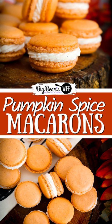 Pumpkin Spice Macarons, November Recipes, Pumpkin Spice Desserts, Desert Ideas, Fall Baking Recipes, Pumpkin Spice Recipe, Macaron Flavors, Pumpkin Spice Cookies, Pumpkin Desserts