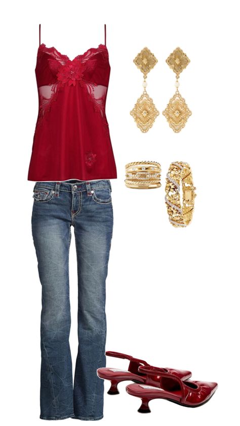 outfit inspo | inspiration | cute outfits | chic outfits | red tops | true religion jeans | gold | gold jewelry | beautiful | bracelets | outfits / 2000s | fashion | Red Top Outfit Y2k, Latina 2000s Outfits, 2000s Fashion Jewelry, 2000s Mexican Fashion, 2000 Latina Fashion, Latina 2000s Fashion, 2000s Fashion Outfits Casual, Latina 2000s, True Religion Jeans Outfit