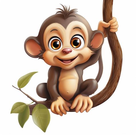 Premium Photo | Adorable Cartoon Monkey Sitting on a Branch Cute Jungle Animal Illustration Animal 3d Art, Animals Cartoon Images, Cute Monkey Drawing, Cute Monkey Cartoon, Monkey Photos, Monkey Images, Monkey Png, Monkey Photo, Monkey Sitting