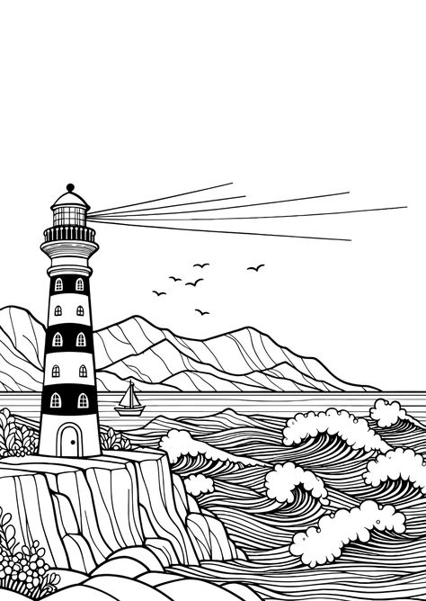 Lighthouse Scene Coloring Page Light House Coloring Pages, Lighthouse Coloring Pages, Lighthouse Drawings, Lighthouse Quilt, Calvin And Hobbes Quotes, Diy Lighthouse, Lighthouse Drawing, Lighthouse Crafts, House Outline