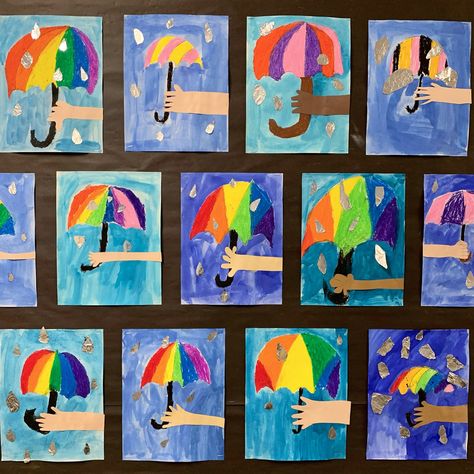 Senior Infants Art, Umbrella Art Project, Rainy Day Umbrella, Senior Infants, Kindergarten Art Crafts, Kids Umbrella, Weather Crafts, About Rain, Sun Projects