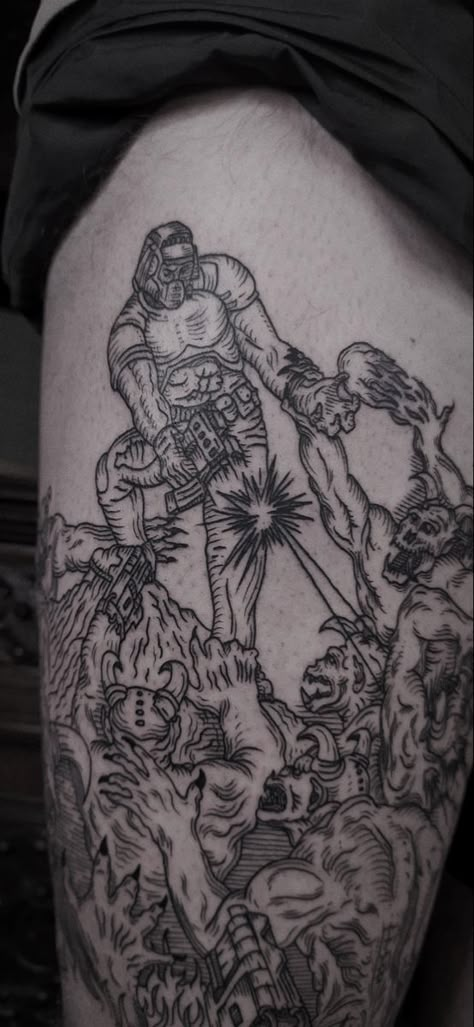 #doom #engraving #tattoo #blacktattoos #polandtattoo #warsawtattoo #wurdalaktattoo Doom Slayer Tattoo, Doom Tattoo Ideas, Doom Tattoo, Tattoos 2024, Slayer Tattoo, Body Tattoo Design, Doom Game, Doom Slayer, Gaming Tattoo