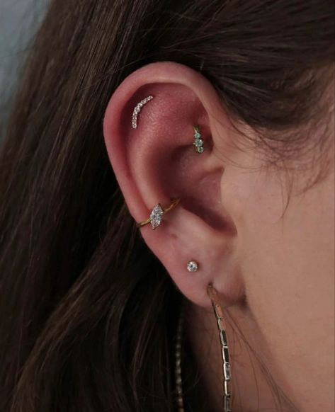 Mid Helix And Conch Piercing, Earring Placements, Minimalist Piercings, Conch Piercing Ideas, Earring Placement, The Integumentary System, Conch Ear Piercing, Triple Forward Helix, Orbital Piercing