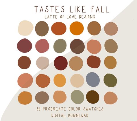 Procreate color palettes are a perfect way to keep cohesive colors organized right at your finger tips while using the procreate app. This is a handpicked color palette made up of my favorite hand picked fall inspired color swatches. After purchase you'll download the file from a web browser (safari, chrome, etc.) NOT the Etsy app. Once files are down slides and you open the file the palette will automatically import into procreate. You will find this palette ready to go in your procreate palett Fall Color Pallet, Procreate Color Palettes, Fall Palette, Fall Things, Color Schemes Colour Palettes, Fall Color Palette, Finger Tips, Color Palette Design, Procreate App