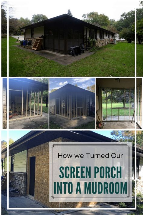 How to Turn A Screen Porch Into a Mudroom via @BrightGreenDoor. Corner Screen Porch, Corner Mudroom, Screen Porch into Four Season Porch, Screen Porch Conversion Building A Mudroom, Porch To Mudroom, Corner Mudroom, Four Season Porch, Porch Building, Porch Mudroom, Carport Makeover, Closed In Porch, Mudroom Addition