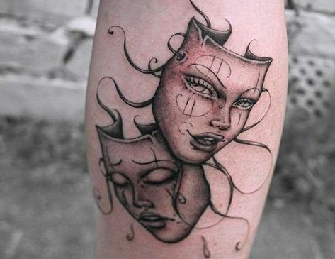 Want to get a non-typical & stylish tattoo? Choose from 50+ laugh now cry later tattoo designs for men & women. Bonus: meanings and history. Drama Faces Tattoo, Drama Face Tattoo, Drama Tattoo, Drama Faces, Swallow Tattoo Meaning, Theater Mask Tattoo, Theatre Tattoo, Faces Tattoo, Arm Sleeve Tattoos For Women