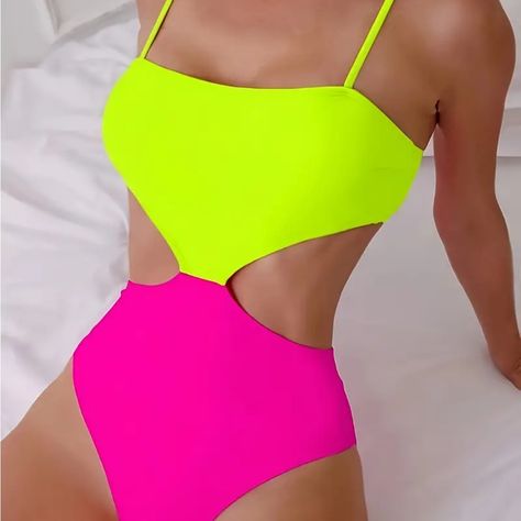 Women's Neon Color Block One-Piece Swimsuit, Sexy High Cut Bathing Suit, Summer Beachwear With Adjustable Straps, Fashion Swimwear. The Swimsuit Is A Size Small But Fits Like A Medium. Neon Swimsuit, Tropical Swimsuits, Bathing Suit Dress, Floral Bathing Suits, Bandeau One Piece Swimsuit, Plus Size Workout, Fashion Swimwear, Monokini Swimsuits, Light Rose