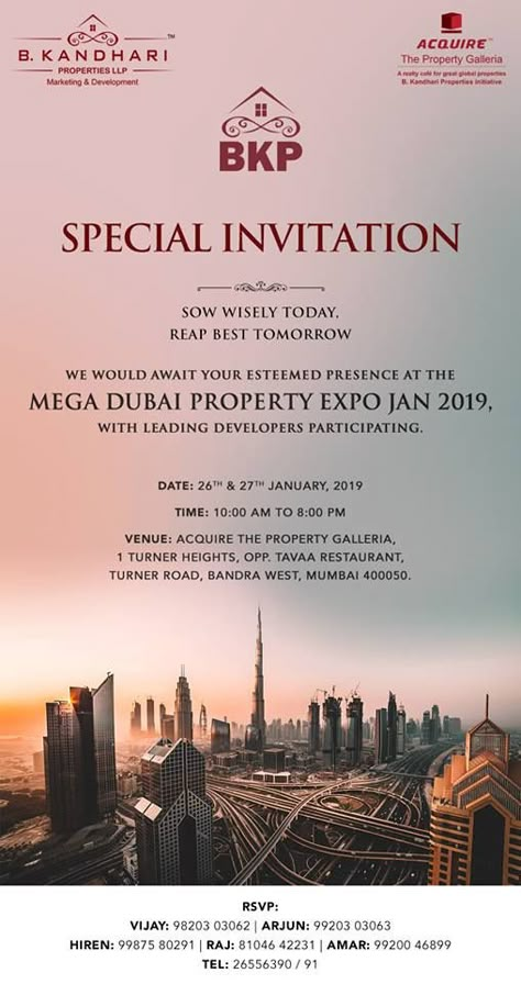 We invite you to one-of-a-kind Mega Dubai Property Expo January 2019 which will witness an array of premium and top-notch properties in Dubai.  Visit us on the 26th and 27th of January from 10 a.m onwards.  Acquire The Property Galleria  #property #dubai #expo #dubaiproperties #luxury #realestate #luxurylifestyle #propertyshowcase #mumbai Expo Invitation Design, Dubai Poster Design, Real Estate Invitation, Web Header, Dubai Property, Grand Opening Invitations, Real Estate Marketing Design, Event Card, Merry Christmas Wishes