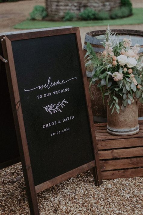 Chalkboard wedding welcome sign Wedding Signage Chalkboard, Rustic Wedding Signage, Coral Dresses, Fitted Lace Wedding Dress, Signage Wedding, Coral Bridesmaid, Industrial Chic Wedding, Wedding Welcome Board, Welcome Sign Wedding