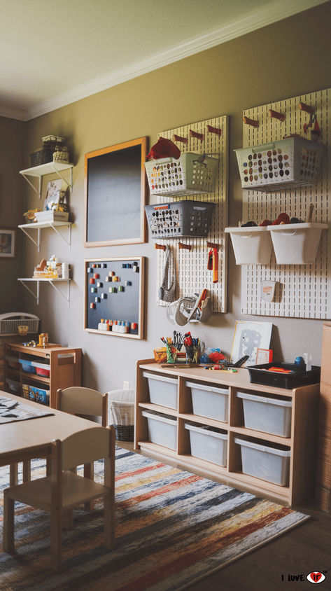 10 Creative Kid Playroom Ideas to Spark Joy and Fun - I Luve It Playroom And Classroom, Mancave And Playroom Combo, Cosy Playroom Ideas, Playroom With Seating, Modern Lego Room, Mud Room Playroom Combo, Small Basement Play Area, Cheap Game Room Ideas, Kallax Styling Playroom