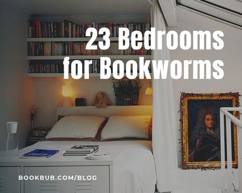 The ultimate bedroom setups for bookworms. Full of decorating inspiration! #books #decorating #bedroom Room For Book Lovers, Library Bedroom Master Suite, Bedroom For Readers, Library Themed Bedroom, Bookworm Aesthetic Room, Book Themed Bedroom, Book Lover Bedroom, Bedroom Bookcase Ideas, Reading In Bed Aesthetic