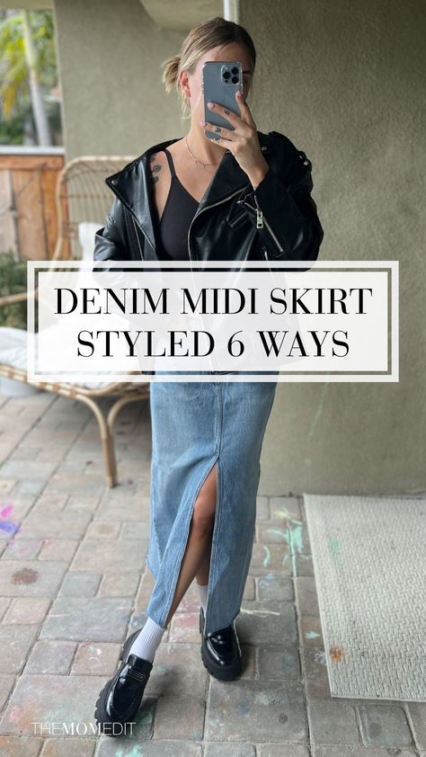 TRENDING: DENIM MIDI SKIRTS FOR SPRING & SUMMER (6 OUTFITS) | I can't escape denim midi skirts, but maybe I don't want to. I'm styling 6 cute outfits perfect for spring & summer (think: cowgirl boots, a bomber jacket & more). | #TheMomEditStyle #DenimMidiSkirt #DenimSkirt #MidiSkirt #SpringOutfit #SummerOutfit #CowgirlBoots #BomberJacket #JeanSkirt #JeanMidiSkirt #SummerClothes #DenimSkirtsWomen #LongDenimSkirt #HighWaistedDenimSkirt #FlipFlops #TankTop #BalletFlats #GraphicTee #CoastalCowgirl Looks With Denim Skirt, Midi Denim Skirt Street Style, Midi Denim Skirt And Boots Outfit, Denim Skirt Knee High Boots, Long Jean Skirt With Sneakers, Mid Denim Skirt, Jean Skirt Midi Outfits, Blue Jean Midi Skirt Outfits, Denim Midaxi Skirt Outfit