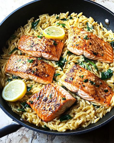 Lemon Salmon Orzo Skillet, One Skillet Salmon With Lemon Orzo, Salmon With Orzo Recipes, Easy Mediterranean Salmon Recipes, Salmon And Lemon Orzo, Salmon Orzo Spinach, Orzo Seafood Recipes, Seared Salmon Dinner Ideas, Salmon Dinner Recipes Healthy