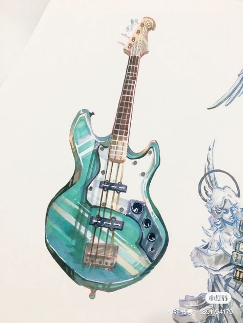 Electric Guitar Drawing Sketches Pencil, Electric Guitar Drawing, Watercolor Art Guitar, Guitar Pen Drawing, Guitar Colored Pencil Drawing, Electric Guitar Watercolor, Guitar Watercolor, Guitar Sketch, Colour Studies