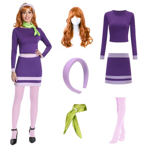 PRICES MAY VARY. Stand out: Whether it's a Halloween party, cosplay convention or themed event, this Daphne costume will put you in the spotlight. Material: Lightweight and breathable polyester spandex blend material, soft to the touch and comfortable to wear. It's very slim and shows off your figure well. Contains: a sexy purple crop top long-sleeved shirt, a women's tight skirt, a purple headband, an orange wig, a green silk scarf, and a knee-high stockings. Washing instructions: Can be machin Thelma And Daphne Halloween Costumes, Sister And Brother Costumes Halloween, Diy Daphne Costume Scooby Doo, Unique Female Halloween Costumes, Duo Halloween Costumes For Teens, Daphne Costume Black Women, Halloween Costumes 11-12, Daphne Scooby Doo Outfit, Daphne Costume Ideas