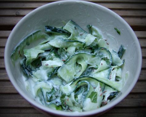 Yogurt And Cucumber, Cucumber Yogurt Salad, Cucumber Yogurt, Mint Yogurt, Yogurt Dressing, Vegetable Peeler, Cucumber Salad, Greek Yogurt, Gluten Free Vegetarian