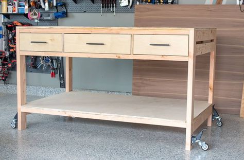 DIY Workbench with Storage - with drawers and shelves. Complete plans for how to build this workbench on wheels. #anikasdiylife #woodworking Diy Table With Drawers, Workbench On Wheels, Hangar House, Simple Workbench Plans, Workbench With Storage, Workbench With Drawers, Workbench Plan, Bench Area, Basement Organization