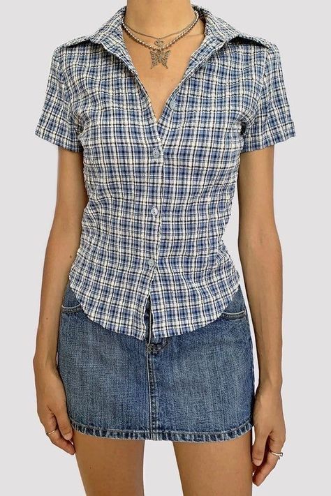 Blue Checkered Shirt, Blue Checkered, Checkered Shirt, Curated Vintage, Short Skirt, Dream Clothes, White Plaid, Fashion Killa, Look Cool