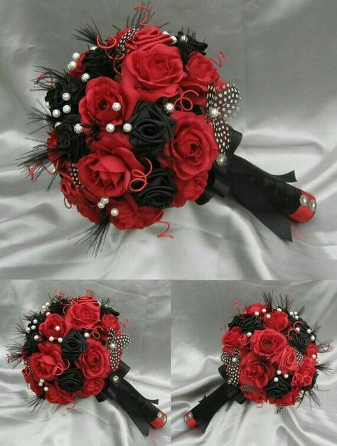 Yes Wedding Bouquets Red, Luxury Bridal Bouquet, Black Red Wedding, Rockabilly Wedding, Red Wedding Theme, Red Bouquet Wedding, Red Bouquet, Dark Wedding, Prom Flowers