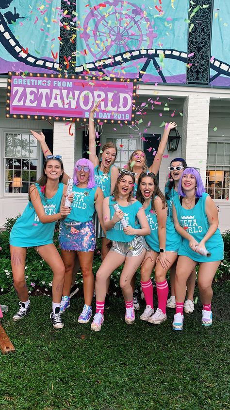 Zetaworld Bid Day | LSU Zeta | Went Zeta | Bid Day 2019 | Astroworld Bid Day | Louisiana ZTA | Zetaworld Coachella Bid Day Theme, Fun Bid Day Themes, Zeta Bid Day Themes, Rush Week Themes, Sorority Themes Recruitment, Bid Day Themes Sorority, Novelty Chair, Unique Bid Day Themes, Sorority Bid Day Themes