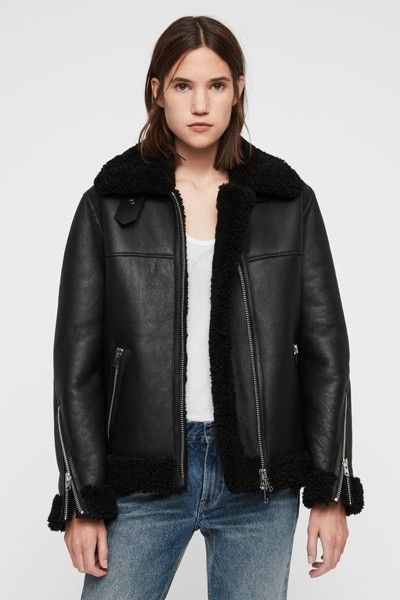 30 Promotion Picks From AllSaints | sheerluxe.com Leather Coat Womens, Vintage Coats, Black Luxury, Oversized Jacket, Vintage Coat, Shearling Jacket, Wide Leg Denim, Friday Sale, Metal Hardware