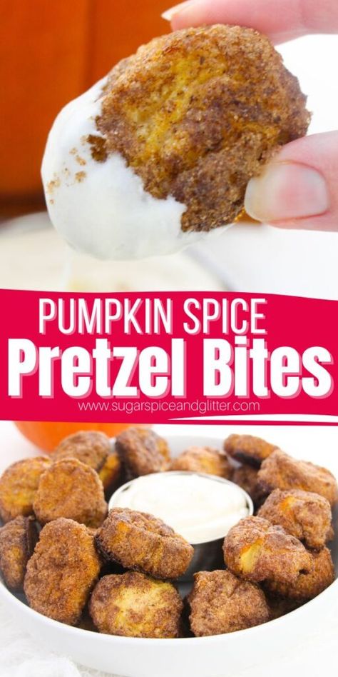 Sweet, soft and chewy Pumpkin Spice Pretzel Bites are a delicious fall treat that are sure to rival anything you can find at your local pretzel kiosk. A buttery, pillowy soft treat with sweet and warming spices coating a tangy, yeasted pretzel dough. Pumpkin Pretzels, Spiced Pretzels, Frozen Pretzels, Thanksgiving Sweet Treats, Pretzel Bites Recipes, Pretzel Cheese, Pretzel Dough, Baking Soda Bath, Baking Soda Water